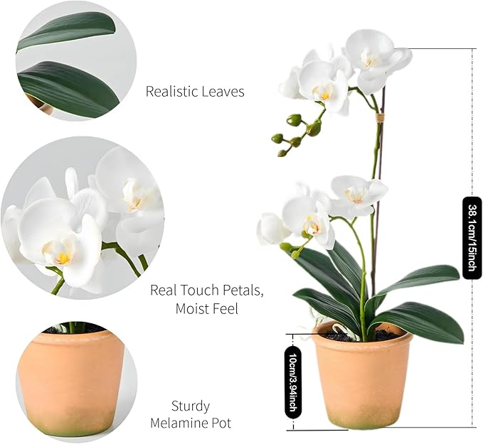 Avoeco Artificial Real Touch Orchid Plant – 15" Faux Phalaenopsis in Pot – Highly Realistic Silk Orchid Flower & Leaf Texture for Home, Office,Shop & Wedding Décor (1 White, 15“)