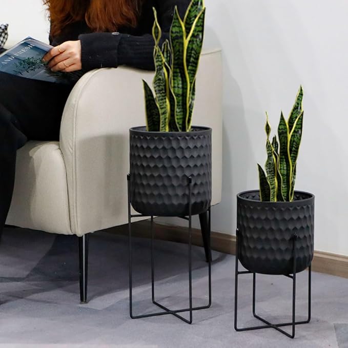 TRIROCKS Set of 2 Metal Planters with Stand, Small Indoor Plant Pots 8 * 18 &7 * 12" Modern Decorative Flower Pots for Living Room, Entryway, Office, Balcony(Black)