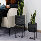 TRIROCKS Set of 2 Metal Planters with Stand, Small Indoor Plant Pots 8 * 18 &7 * 12" Modern Decorative Flower Pots for Living Room, Entryway, Office, Balcony(Black)