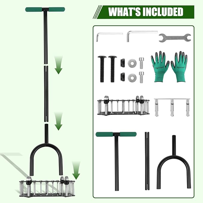 Bigwish 2-in-1 Lawn Aerator Tool with Interchangeable Spike & Plug Core Heads, Manual Lawn Aerator with Adjustable Handle, Heavy Duty Yard Aerator for Soil Loosening Lawn Care Garden Yard