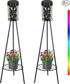 RGB Dragonfly Projection Solar Floor Lamps Outdoor, Metal Floor Light with Plant Stand,42.48" Decorative Waterproof Lighting for Garden,Patio,Porch,Yard,Deck,Black,2 Pack