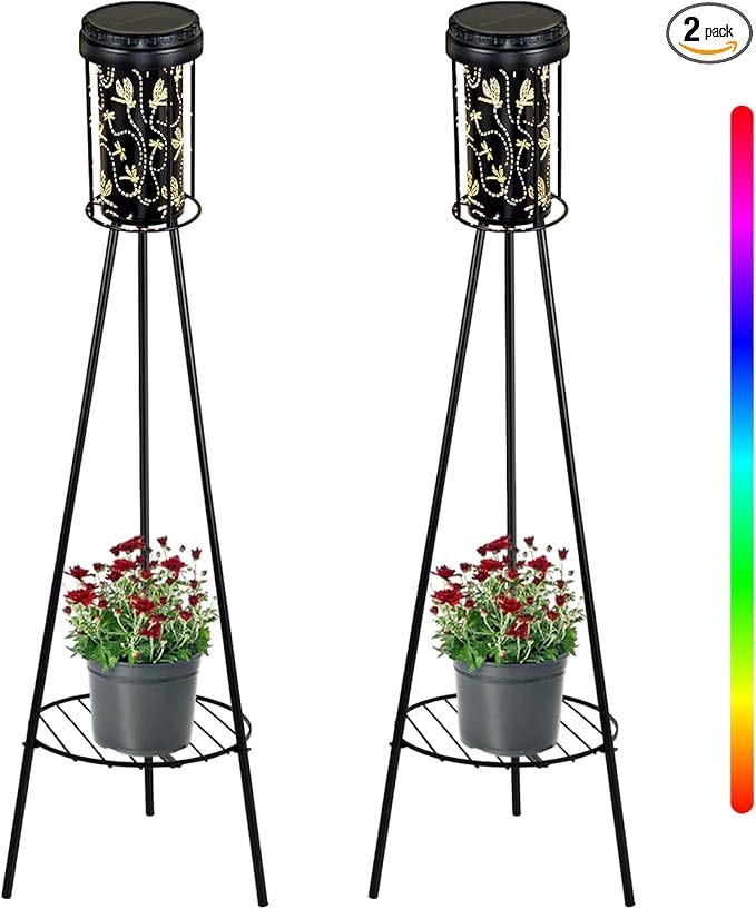 RGB Dragonfly Projection Solar Floor Lamps Outdoor, Metal Floor Light with Plant Stand,42.48" Decorative Waterproof Lighting for Garden,Patio,Porch,Yard,Deck,Black,2 Pack