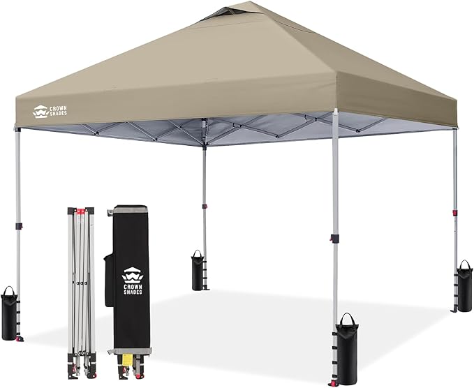 CROWN SHADES 10x10 Pop Up Canopy, Patented Center Lock One Push Tent Canopy, Newly Designed Storage Bag, 8 Stakes, 4 Ropes, Beige