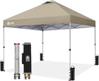 CROWN SHADES 10x10 Pop Up Canopy, Patented Center Lock One Push Tent Canopy, Newly Designed Storage Bag, 8 Stakes, 4 Ropes, Beige