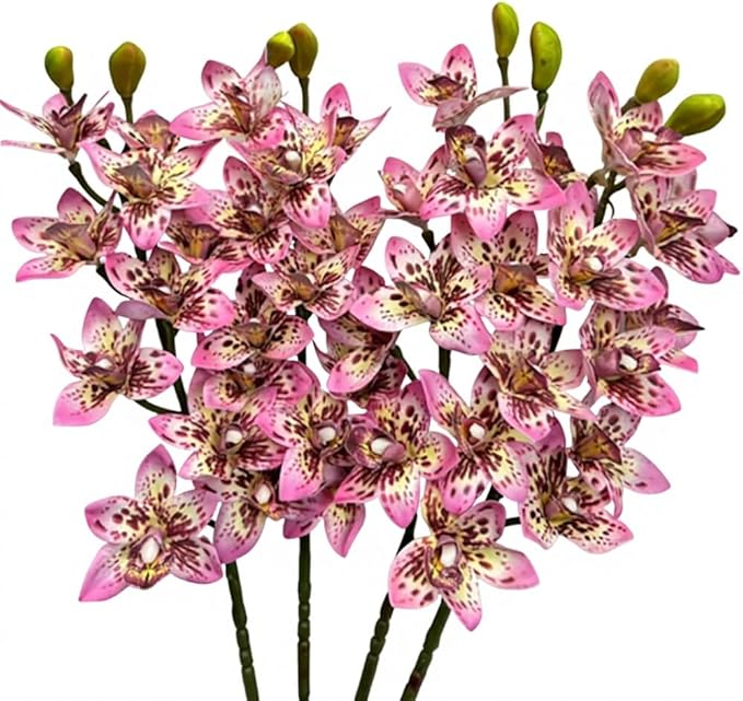 4pcs Artificial Cymbidium Orchid Flowers Real Touch Fake Pink Orchids, 10 Heads Lifelike Flower for Wedding Centerpieces Home Decor Living Room Bathroom Office Vase Arrangements (Pink)