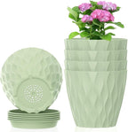 Meowell 4 inch Small Plastic Nursery Pots, 5 Pack Water Ripples Plant Pots for Indoor Plants, Flower Pots with Drainage Holes and Saucers, Seeding Starter Planters for Decorative, Green