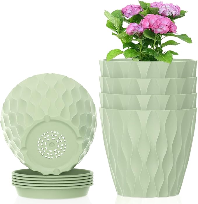 Meowell 6 inch Plant Pots, 5 Set Water Ripples Flower Pots for Indoor Outdoor Plants, Plastic Planters with Drainage Holes and Saucers, Nursery Pots for Small Succulent Garden House Plants, Green