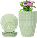 Meowell 6 inch Plant Pots, 5 Set Water Ripples Flower Pots for Indoor Outdoor Plants, Plastic Planters with Drainage Holes and Saucers, Nursery Pots for Small Succulent Garden House Plants, Green