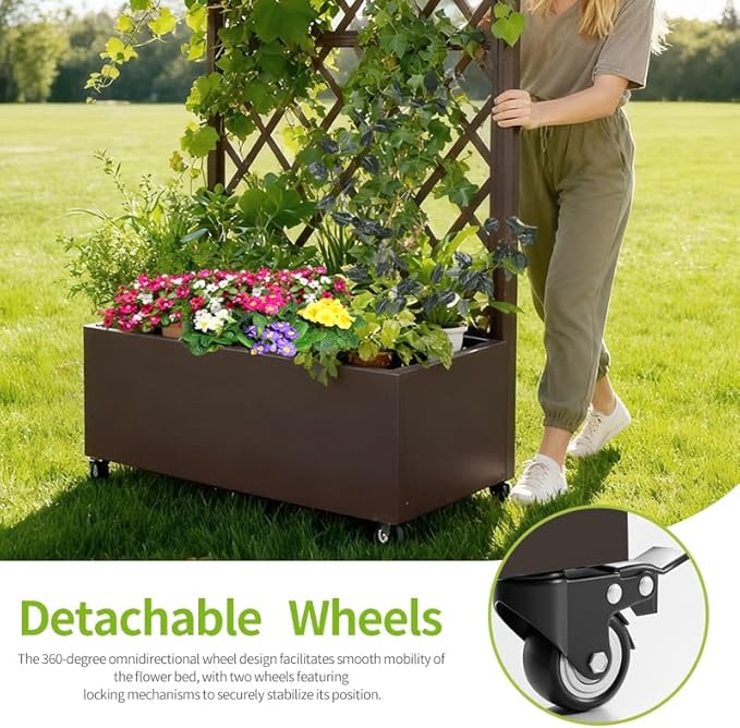 Metal Planter Box with Privacy Screen Trellis,Galvanized Raised Garden Bed On Wheels for Climbing Plants Vines, Standing Garden Flower Bed with Drainage Holes(Espresso, 35" L x16 W x 55" H)
