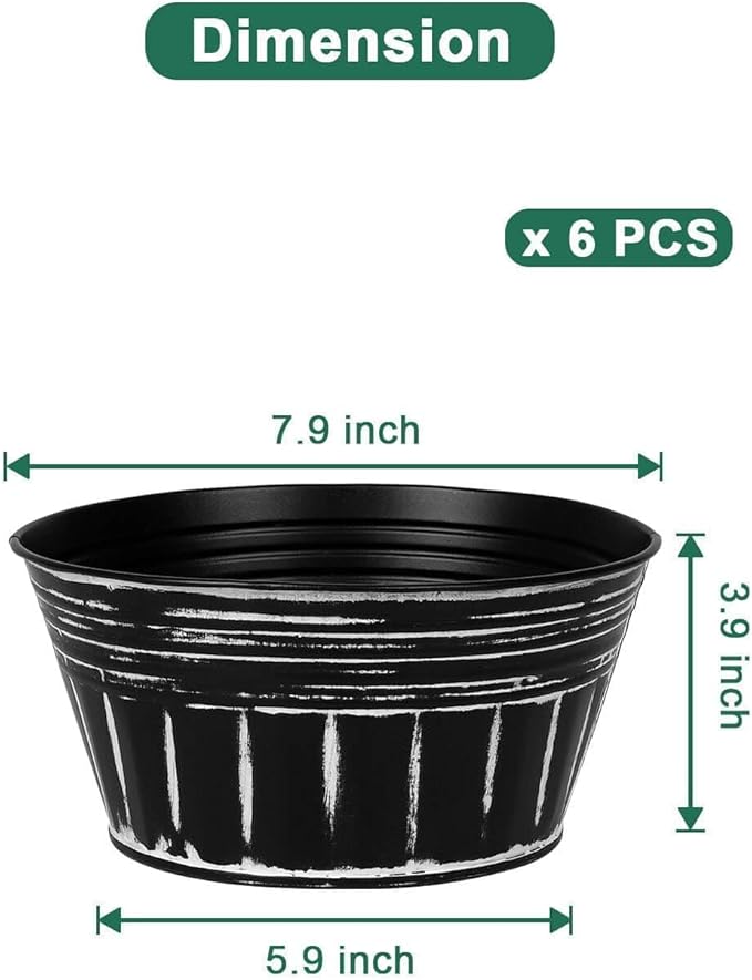 vensovo 8 Inches Black Metal Rustic Plant Pots - 6Pcs Shallow Galvanized Planters with Drain Hole and Rubber Plug, Rustproof Tin Bucket Succulent Pot Indoor Farmhouse Vintage Style for Decor