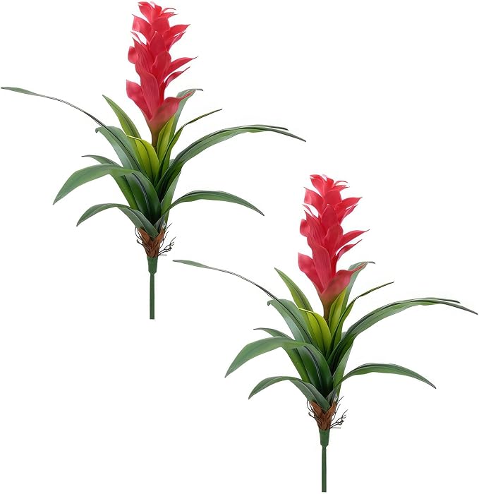2Pcs Artificial Bromeliad Plants, 18" Fake Hawaiian Ginger Flower,Large Real Touch Faux Tropical Flowers, Lifelike Exotic House Plants for Home Office Indoor Decoration (Pink)