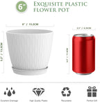 6 inch Flower Pots, 5 Pack Plant Pots with Drainage Holes and Saucers for Indoor Plants, Plastic Planters with Water Ripple for Small Garden House Plants, Nursery Pots for Succulent, White