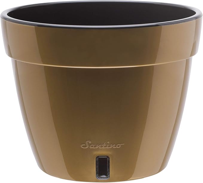 DECOPOTS - Self Watering Planter - Modern Flower Pot with Water Level Indicator for All House Plants, Flowers, Herbs (Diameter 7.9", Gold/Black)