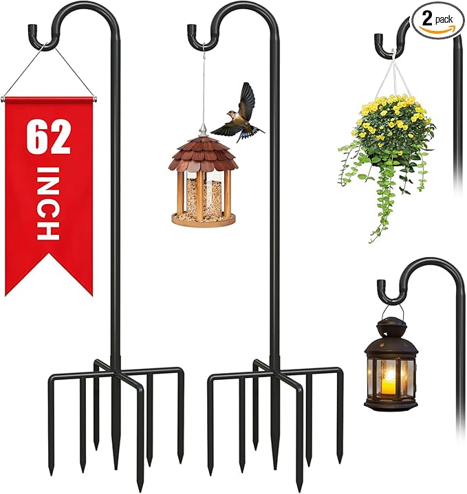 2Pack 62 Inch Adjustable Shepherds Hooks for Outdoor, Heavy Duty Shepherds Hook for Bird Feeder with 7 Prongs Base, Metal Plant Hanger Pole for Hanging Baskets, Lanterns, Hummingbird Feeders
