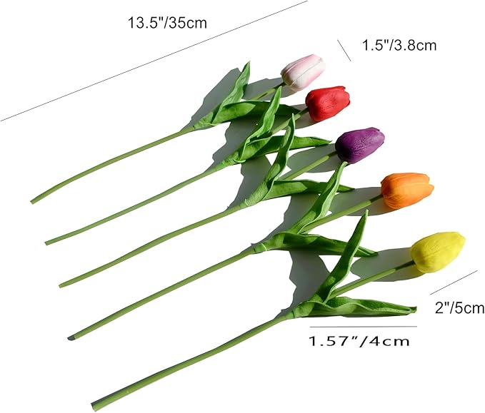 Mandy's Multicolor Artificial Tulips Flowers Centerpiece, 13.5" Lifelike PU Fake Floral Stems 28pcs for Kitchen Island & Dining Table, Spring Decor for Easter