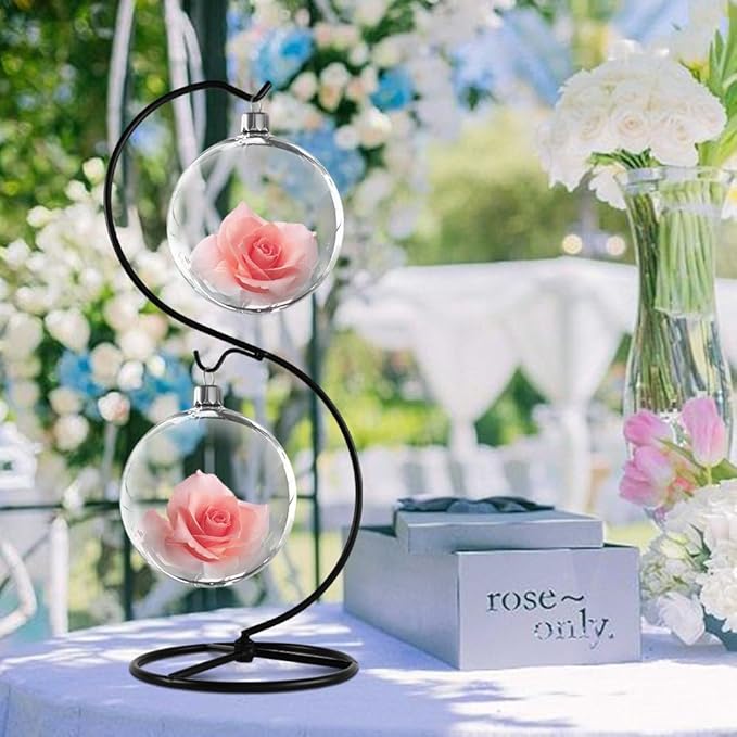 13 Inch Unique Ornament Display Stand, Black Metal Ornament Hanger Stand, S-type Two Hooks for Hanging Glass Globe(5inch), Christmas Ornament, Air Plant Terrarium, Witch Ball, Home Wedding Decoration (1, 13.8x5"Black)