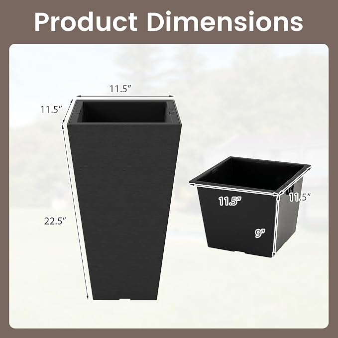 Giantex Tall Square Planters Set of 2, 22.5 inch Self-Watering Flower Pots with/Removable Inner Bucket & Drainage Holes, Indoor Outdoor Decorative Plant Containers for Front Porch Home Balcony, Black