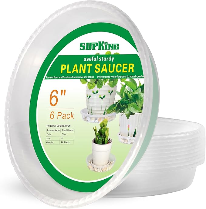 SupKing 6 Pack Plant Saucers Drip Tray,6 8 10 12 14 Inch Heavy Sturdy Plastic Flower Pot Saucers for Indoor,Clear Plastic Planter Water Tray for Plant Pots Liners (6''-Clear)