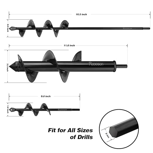 3Pcs Garden Drill Auger Planter, 1.6x9 +2x16.5 +3.2x11.8 in>Ruooson Spiral for Planting Flower Bulb Auger, Rapid Planter Digger for 3/8" Hex Drive (1.6x9 in+2x16.5 in+3.2x11.8 in)
