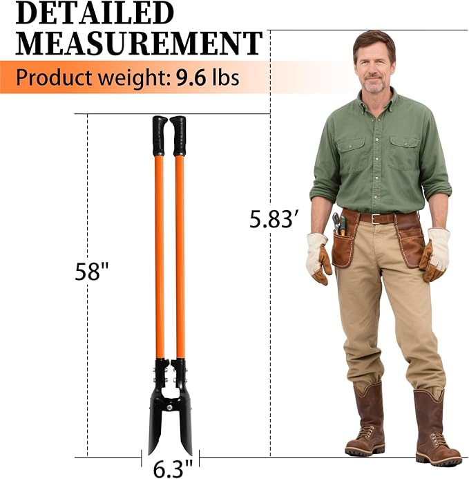 Nohovu Post Hole Digger, Heavy Duty with Fiberglass Handle, Carbon Steel Blades, 58 Inches, Orange & Black