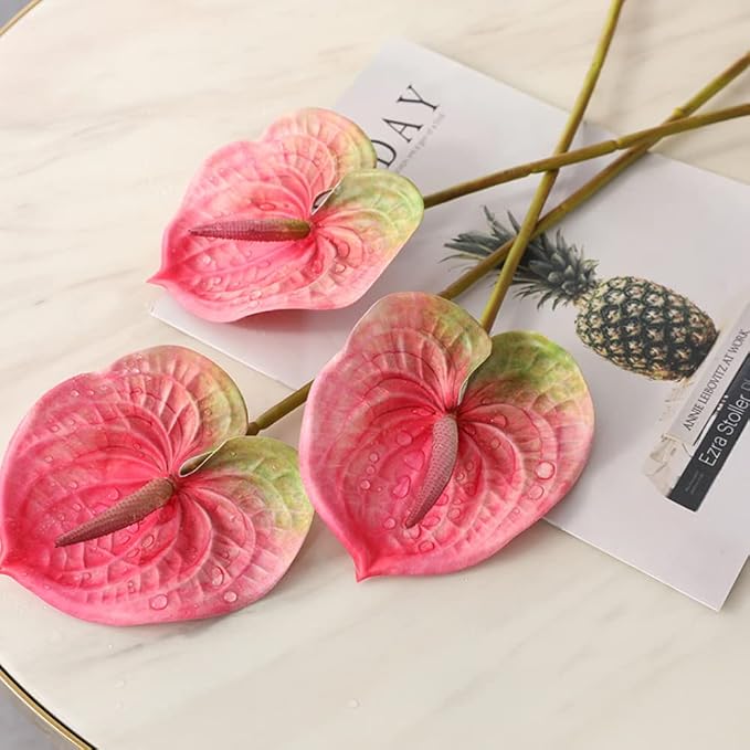 NatureMan 8 PCS 24inch Artificial Anthurium Lily Flowers Permanent Flower for Home Decoration Bouquet and Green Leaf,Wedding Festival Decoration Flower Arrangement(Pink)