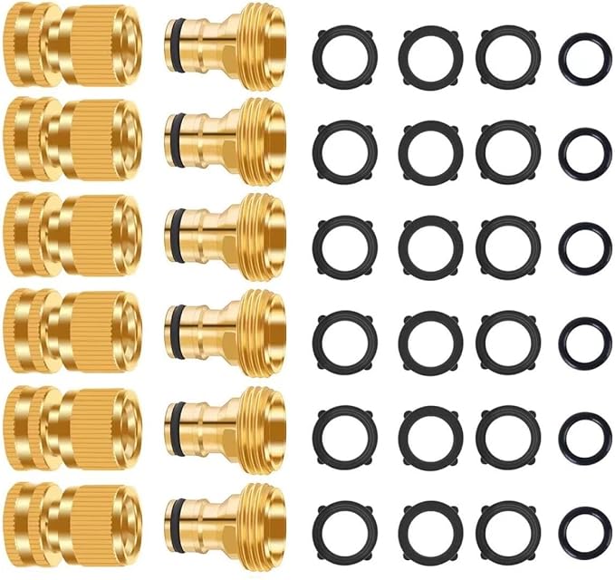 Garden Hose Quick Connector, No-Leak 3/4 Inch GHT Thread Fitting Water Hose Female Adapter and Male Adapter, Heavy-Duty Rust Resistant Brass Water Pipe Connect, Easy to Use (6 Pack ）