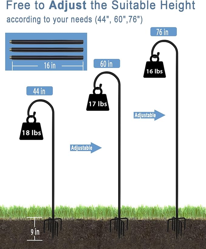 Artigarden 76 inch Outdoor Shepherd Hook with 7 Prong Base (1 Pack), Adjustable Heavy Duty Garden Hanging Stake for Bird Feeder Solar Light Plant Hanger Wedding Decor, Matte Black