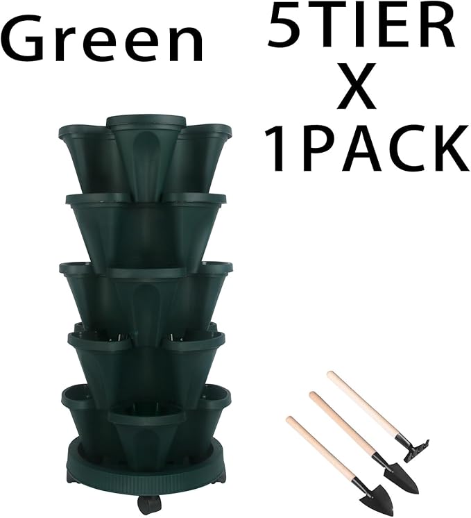 GameXcel Vertical Planter Tower - 5 Tier Stackable Garden Planters with Wheels and Tools Plant Pots for Strawberry Herb Flower and Vegetable Indoor Outdoor Use Green