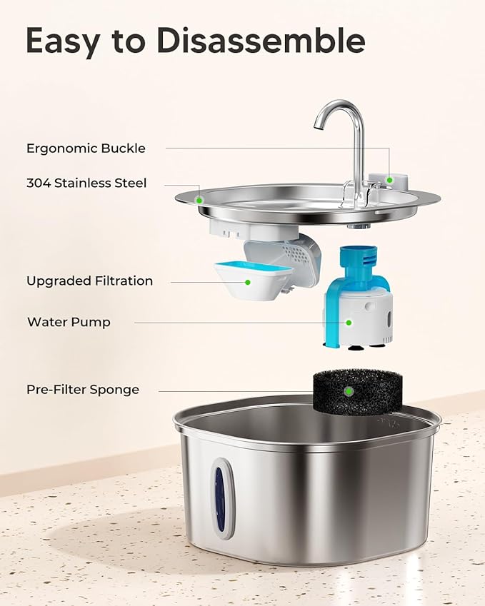 PEKTACO Stainless Steel Cat Water Fountain, 3.2L/108oz Cat Water Dispenser with Quiet Water Pump, Dishwasher Safe Pet Drinking Fountain for Cats with 3 Filters + 3 Sponges