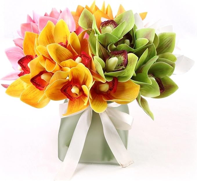 2 Bunches of Simulated Hand-Feel Cymbidium Orchid Small Bunches of 6 Tied Hand-Tied Flowers for Home Living Room Dining Table Decoration Artificial Flowers (Yellow)
