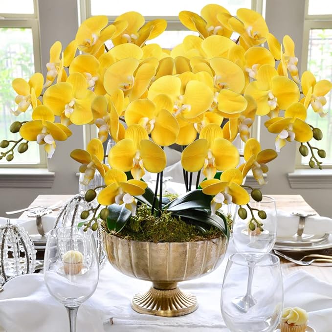 4 Pcs Artificial Orchid Flowers 9 Large Heads of Real Touch Vivid Phalaenopsis Orchid Flower Stem 31.5'' Tall, Artificial Flowers Branches for Home Decor, Office House Decor-Yellow Phalaenopsis