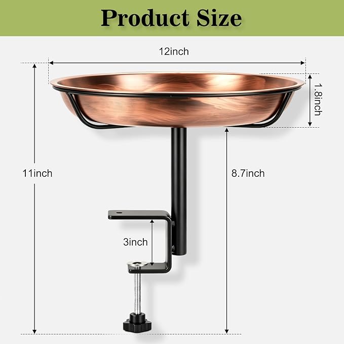 Gtongoko Deck Mounted Metal Bird Bath for Outside, 12 Inch Dia Weather-Resistant Birdbath Bowl for Balcony Fence Railing with Adjustable Clamp Outdoors
