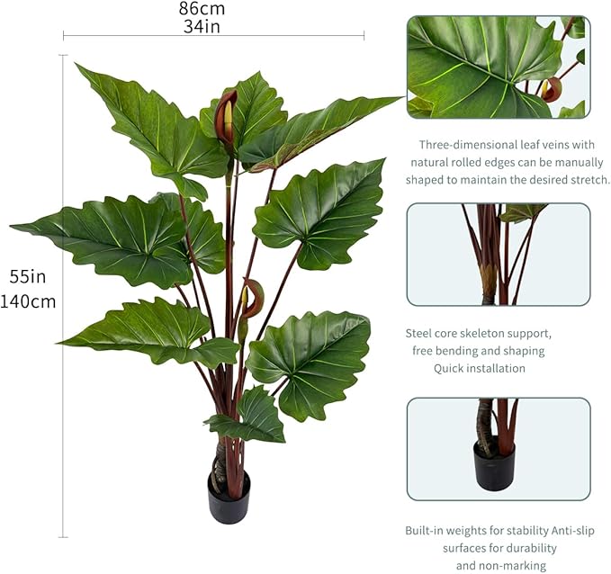 55in Tall Artificial Elephant Ear Plant - 9 Large Faux Tropical Leaves for Indoor Outdoor Jungle Decor Pet-Safe, Bendable Stems(4.6FT-1Pack)