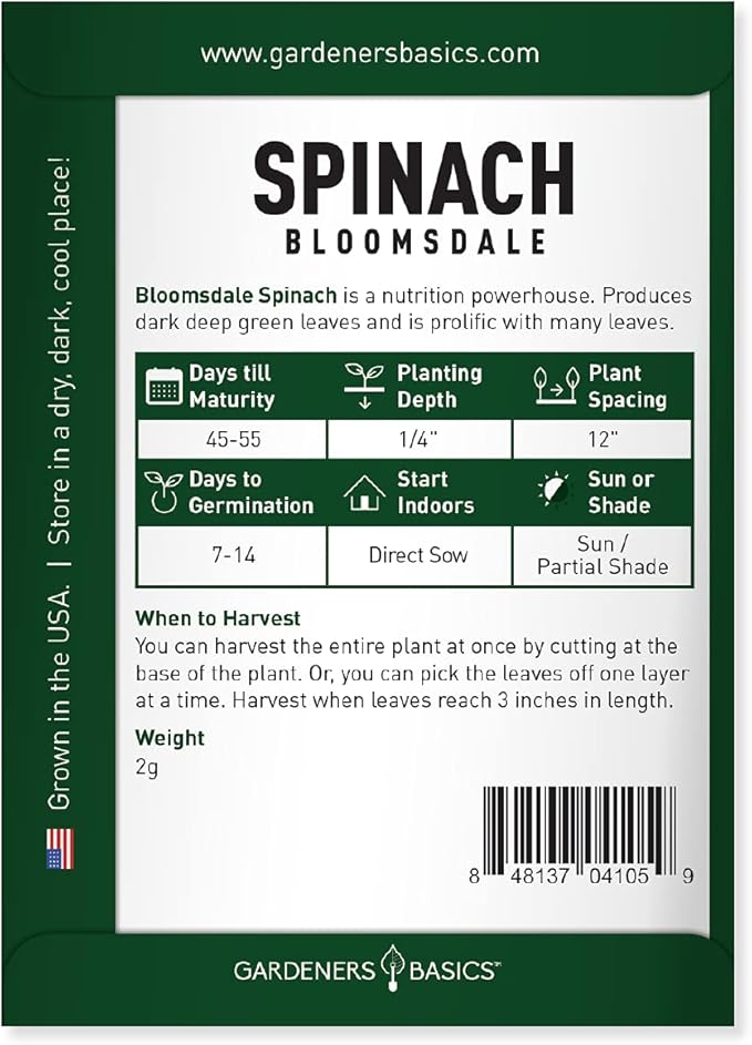 Gardeners Basics, Bloomsdale Spinach Seeds for Planting is A Great Heirloom, Non-GMO Vegetable Variety- Great for Indoor, Outdoor and Hydroponics Gardening