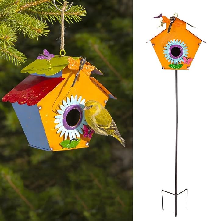 DREAMSOUL 37" Bird Houses for Outside, Hanging Bird House with 3D Design Metal Birdhouse Pole for Patio Yard Garden