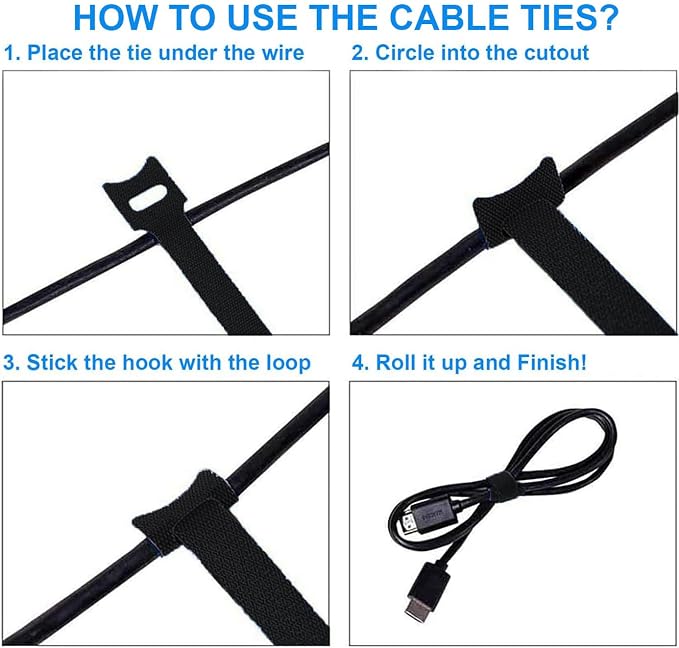 California JOS 60 PCS 6 Inches Reusable Cable Ties, Adjustable Cord Straps, Cable Organizer, Cord Wrap and Hook Loop Cords Management - Black