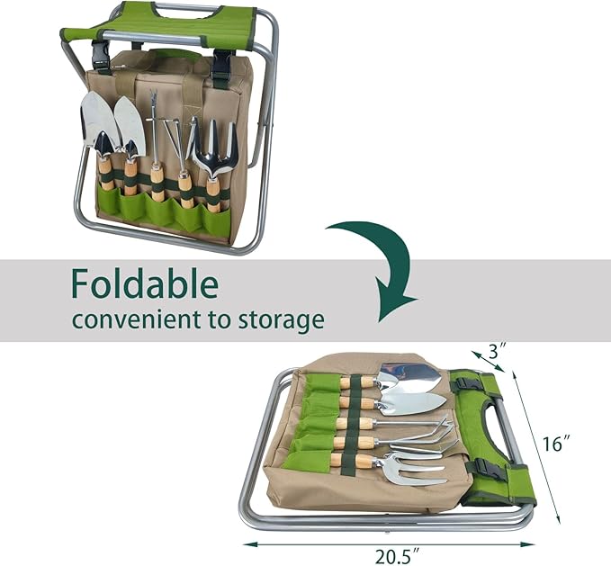 Garden Tool Set with Folding Kneeler Stool Green Steel Frame Oxford Fabric 8PCS Gardening Tools with Insulated Tote Bag Knee Mat for Outdoor Gardening Camping Fishing