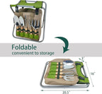 Garden Tool Set with Folding Kneeler Stool Green Steel Frame Oxford Fabric 8PCS Gardening Tools with Insulated Tote Bag Knee Mat for Outdoor Gardening Camping Fishing