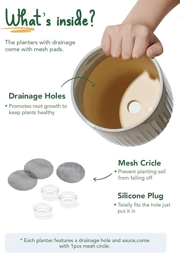 LE TAUCI Ceramic Pots for Plants, 8.3/7/6 Inch Indoor Planters with Drainage Holes & Mesh, Modern Glossy Glaze Cylinder Fluted Plant Pot for Snake Plant, Set of 3, Mist Gray