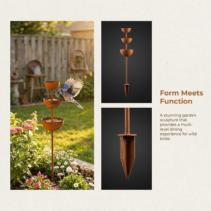 Rain Catcher - Plant Support Metal Garden Ornament,3-Tier Rain Catcher Garden Stake with Water Bowls,Rusty Metal Flower GardenStakes Bird Bath,Bird Bath & Bee Watering Station for Outdoor Patio Decor