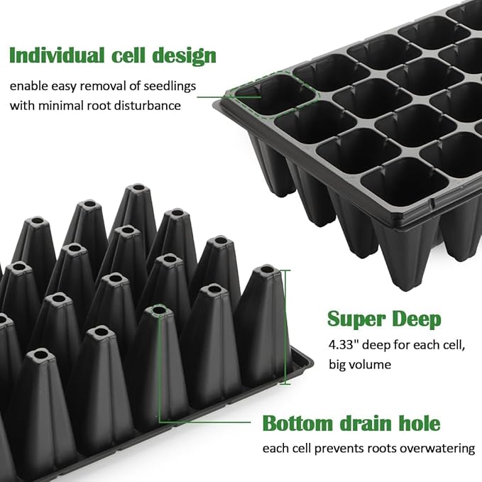 RooTrimmer 10 Pack 1020 Trays No Holes and 10 Pack 4.3" Deep 32 Cell Seed Starter Trays, 20" x 10" - Heavy Duty Plastic Nursery Flats for Seed Germination & Plant Propagation (10 Sets)