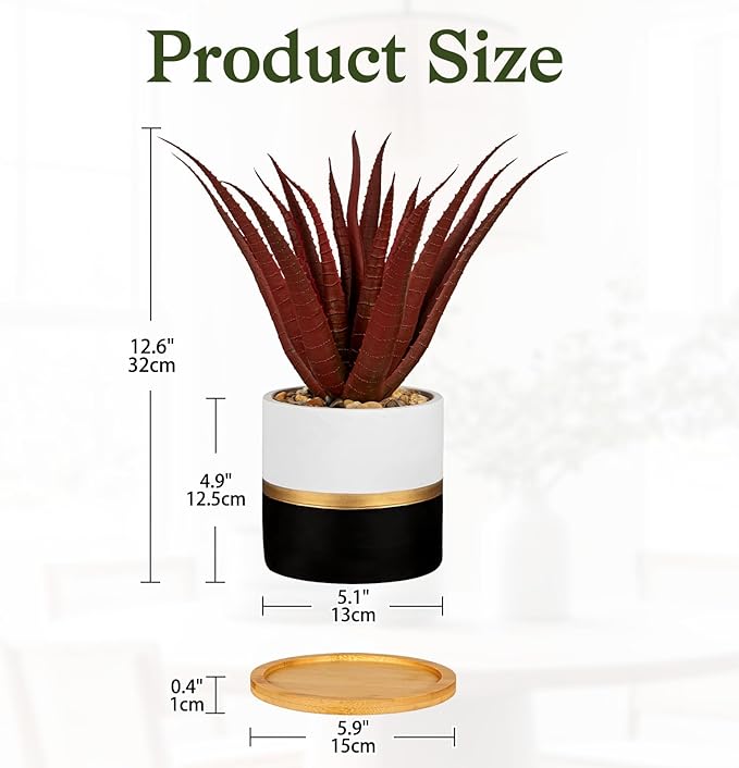 Briful Artificial Red Succulent Plant in Pot with Bamboo Tray, Small Agave Fake Plant for Desk Decor, Modern Aloe Faux Plant for Office, Shelf, Table, Bedroom, Indoor Home Decoration
