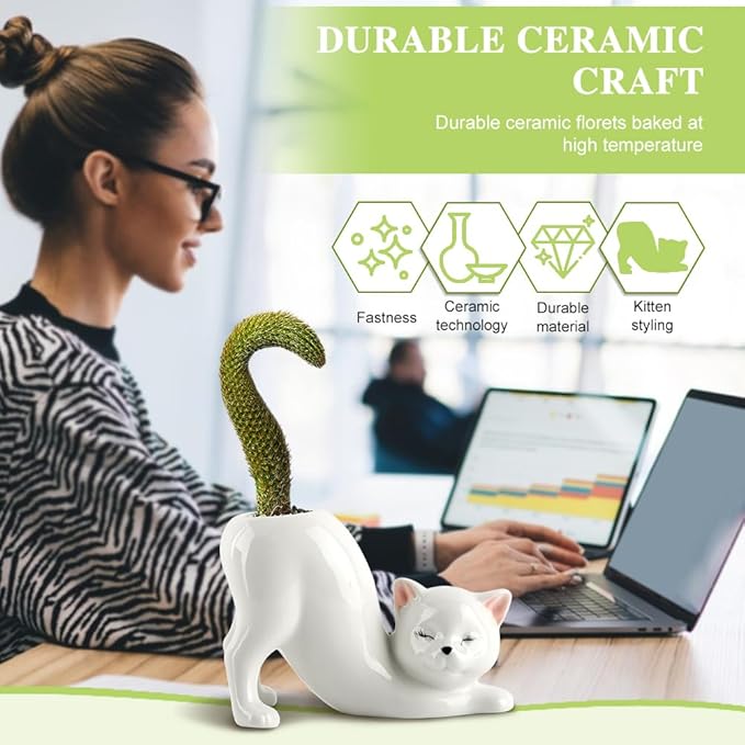 Tailless Cat Ceramic Planter – for Succulents & Cactus, Indoor Small Pot | Home/Office Desk Decor, Gift for Pet Lovers