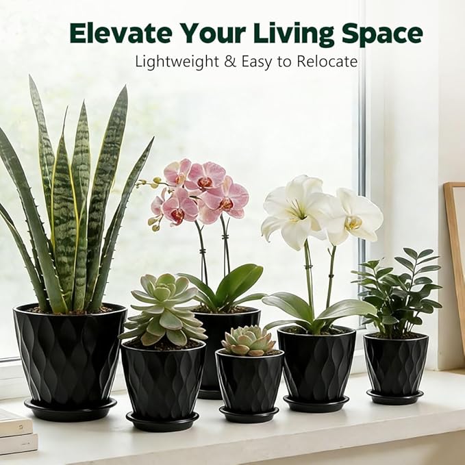 Plant Pots, Self Watering Planters with Drainage Holes and Trays, Flower Pots for Indoor Outdoor - 6 Pack(4/5/6/6.5/7/8 Inch) (Black)