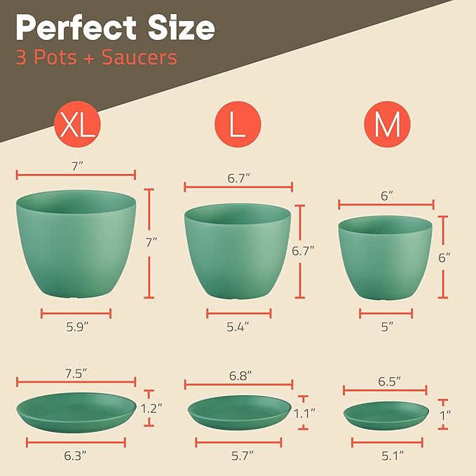 Planter Pots with Drainage Holes - Lightweight, Durable, & Space-Saving Pots for Indoor and Outdoor - Versatile Functionality, Simple Modern Design, Set of 3 Plastic Planter Pots Mint