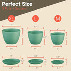 Planter Pots with Drainage Holes - Lightweight, Durable, & Space-Saving Pots for Indoor and Outdoor - Versatile Functionality, Simple Modern Design, Set of 3 Plastic Planter Pots Mint