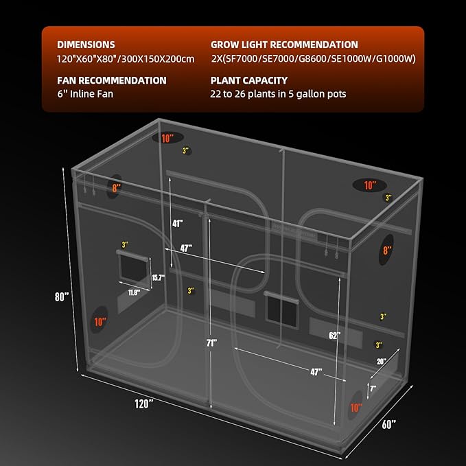 Spider Farmer 10x5 Grow Tent, 120"x60"x80", with Hook for Controller, 1680D Thicken Mylar Canvas, Enlarged View Window for Indoor Hydroponic Growing for SF7000, SE7000, G7000
