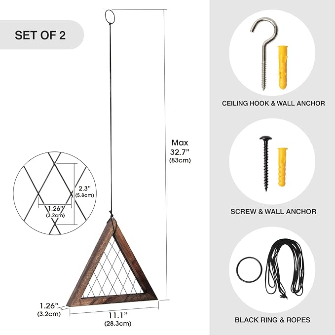 J JACKCUBE DESIGN Air Plant Triangle Frame Hanging Airplant Holder, Rustic Wood Tillandsia, Succulent Plants Display Hanger Shelf for Wall Décor, Set of 2- MK1061A