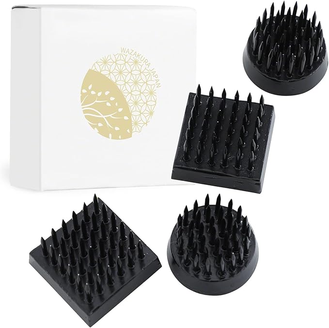 Wazakura 4PCS Black Mini Ikebana Kenzan, Made in Japan, Floral Arranging Pin Frog, Round and Square Flower Holder (Black Mini Kenzan)
