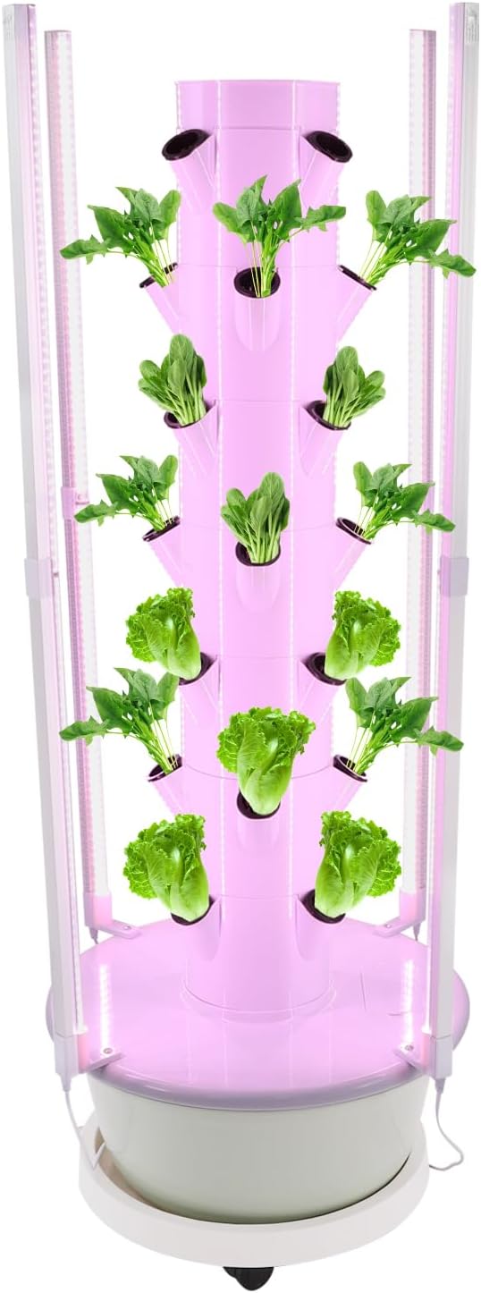 Growing Tower, 28-Plant Hydroponic Indoor Vertical Garden Kit with LED Lighting and 24-Hour Cycle Timer, Hydroponics Growing Tower for Gardens, Farms, School Research Rooms (White and Light Green)